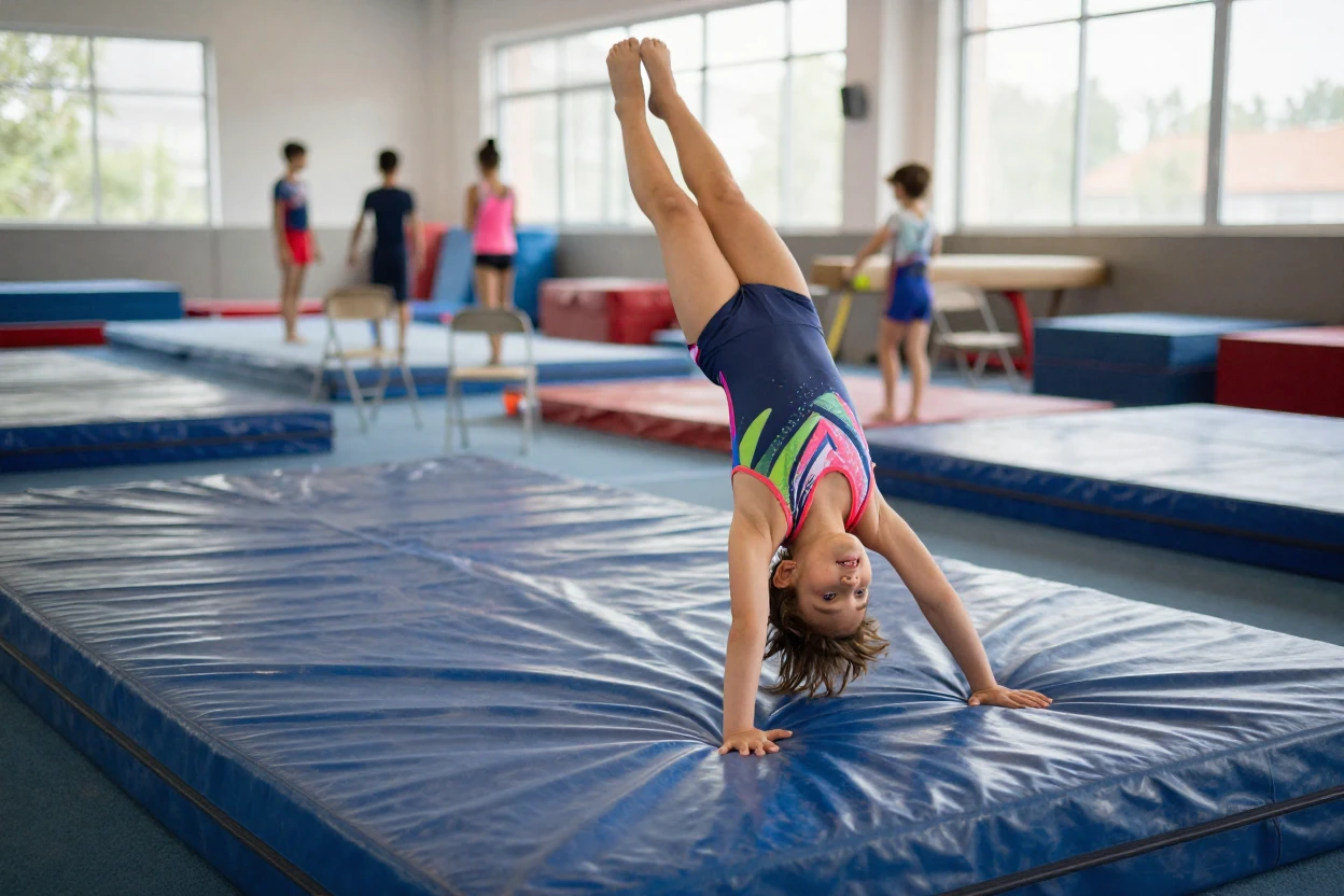 A child practices somersaults on a padded mat at a gymnastics class.