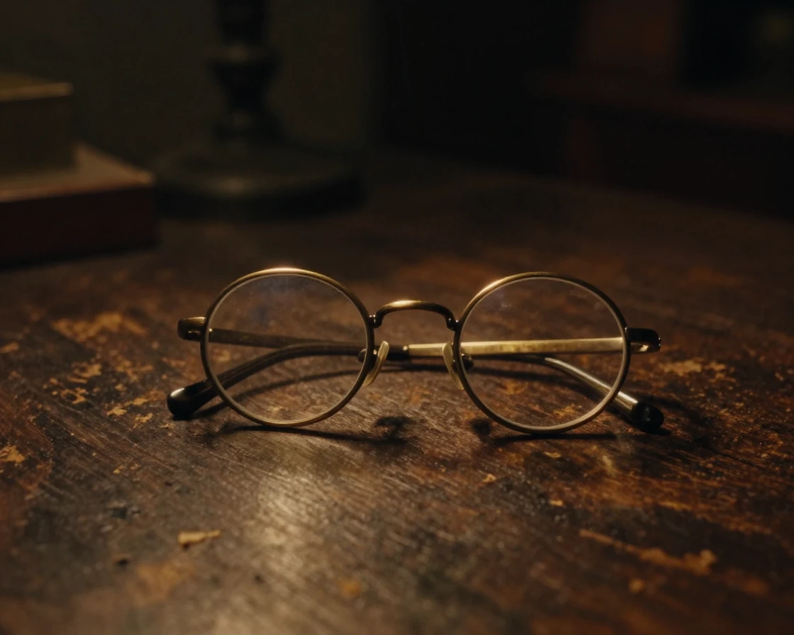 A pair of antique reading glasses glowing softly in a dark room, quietly telling its own small story