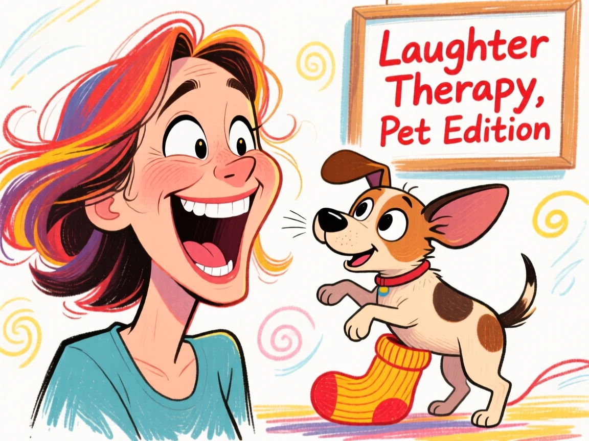 A woman caught laughing uncontrollably at her own pet's silly behavior.