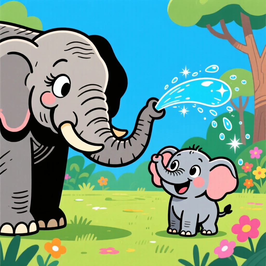 A charming animal moment featuring a wise old elephant with long lashes gently spraying water over a delighted baby elephant.
