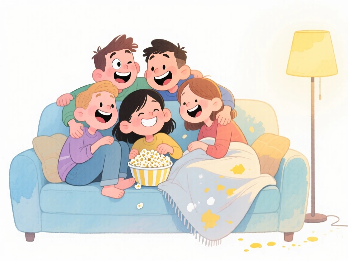 A group of friends on a road trip piled together on a couch for a cozy movie night
