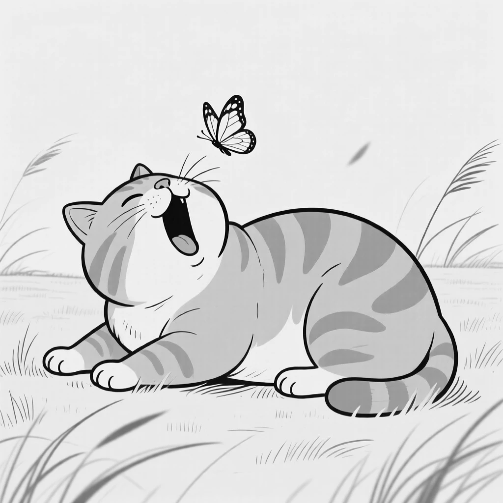 A chubby orange tabby cat mid-yawn, unrolling slowly to sniff the air, set in an open, windswept meadow. A butterfly drifts obliviously past. It's an irresistibly charming slice of animal personality.