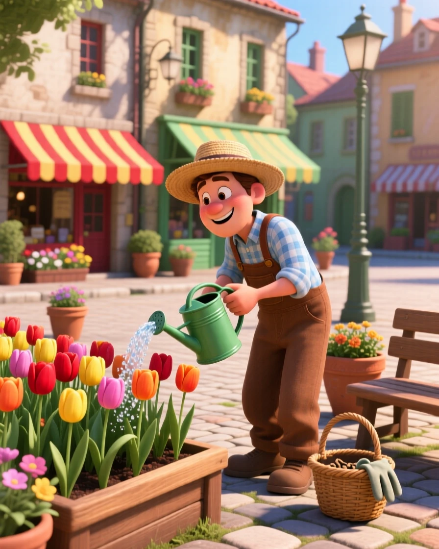 A gardener watering a row of blooming tulips is captured at a village square during a quiet afternoon, with colorful awnings lining the street. The mood is calm, familiar, and quietly delightful.