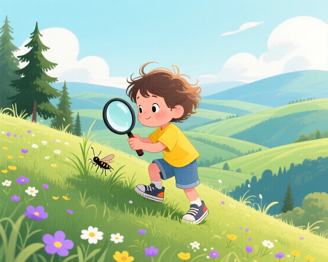 A child with a magnifying glass spends the day climbing to the top of a grassy hill for the view through a rolling green valley, with the scent of pine drifting on the wind.