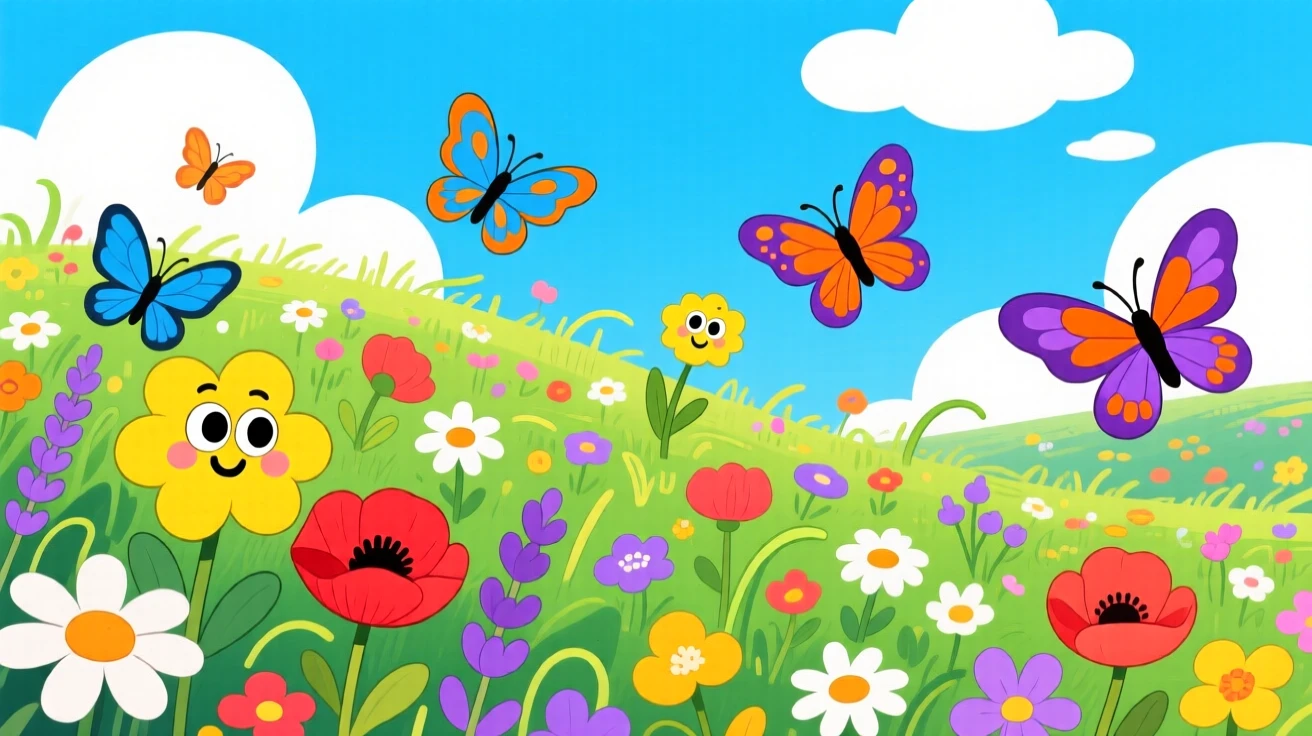 A meadow full of wildflowers with butterflies drifting between blooms.