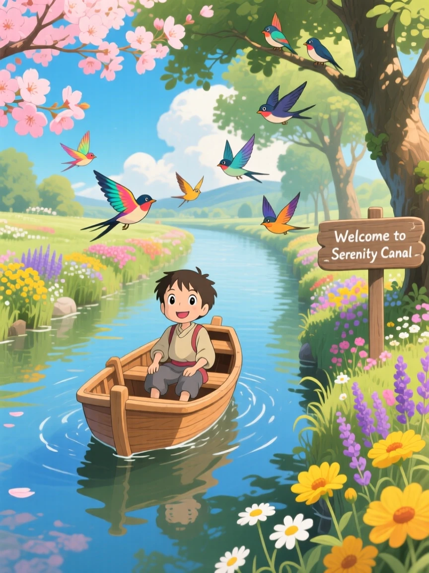 A charming scene of a canal boat drifting slowly past flower-lined banks, as birds fly alongside it.