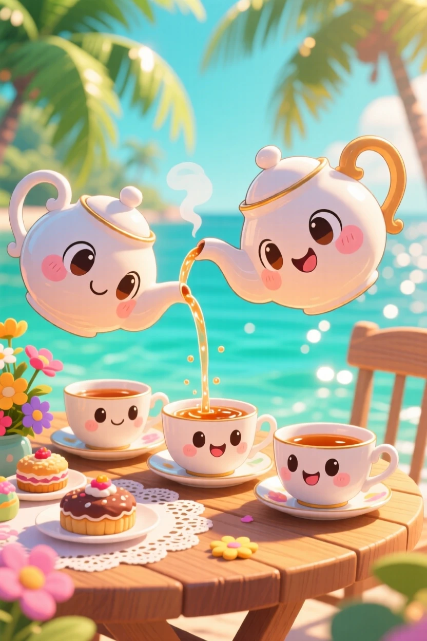 A smiling teapot character pouring tea for a row of teacup friends, framed as a medium shot within a whimsical tea party table, on a warm tropical afternoon, glowing under shimmering reflected light off water, evoking eager anticipation.