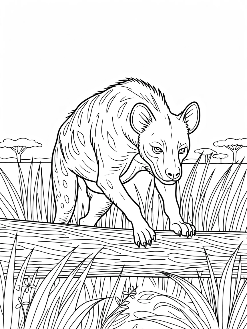 A hyena crouched low in tall grass before a chase, with claws gripping the bark tightly.