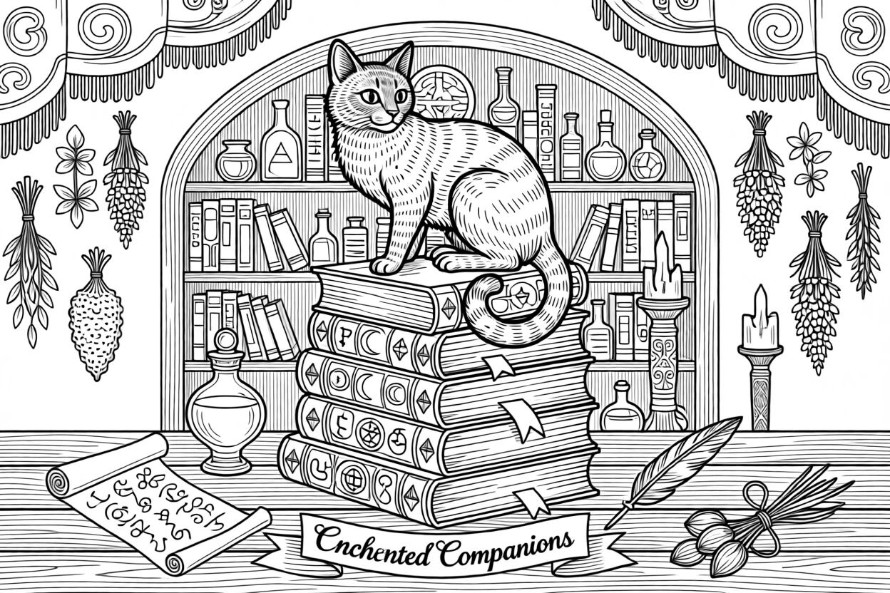 A witch's familiar, a black cat, perched atop a stack of spellbooks.
