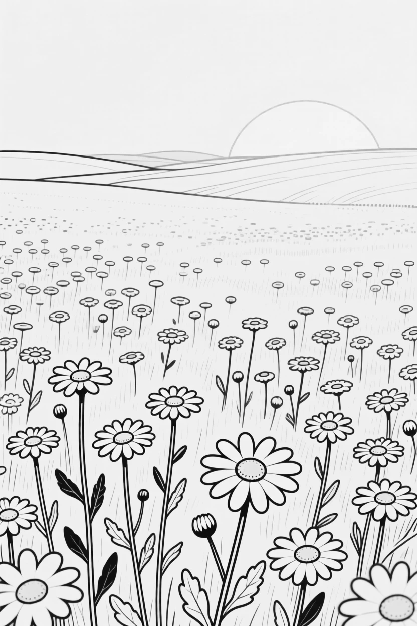A field of chamomile flowers at golden hour