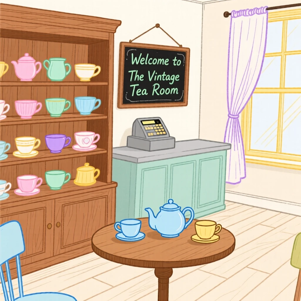 A tea shop interior with mismatched vintage teacups.