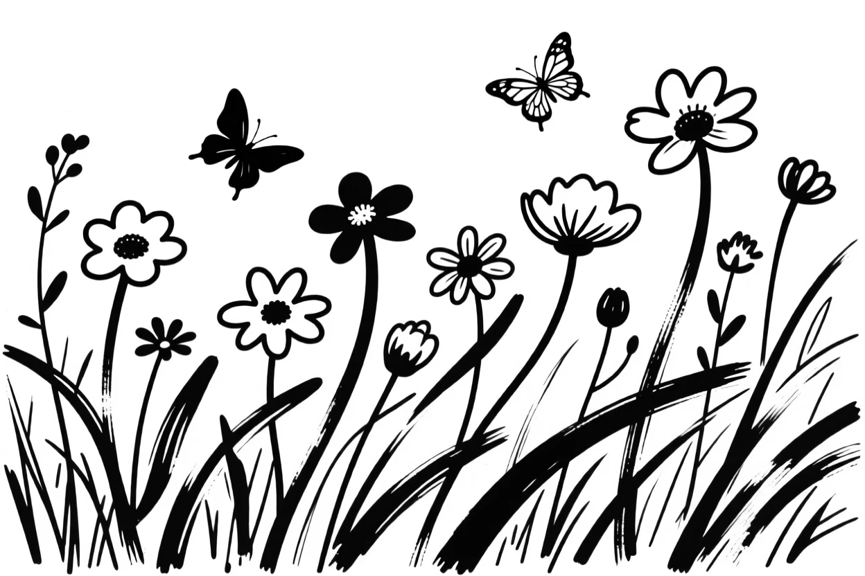 A wildflower meadow with butterflies drifting between blossoms.