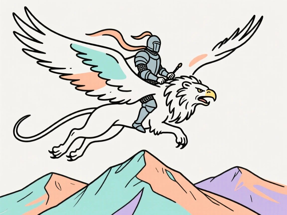 A griffin soaring above a mountain range with a knight riding on its back.