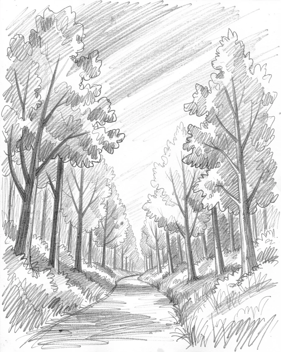 A breathtaking view of an autumn forest ablaze with color, under a dramatic sky streaked with color, with a narrow path leading into the distance.