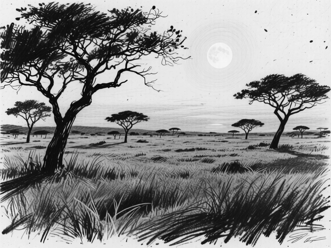 A sprawling savanna at sunset under the soft glow of the moon.