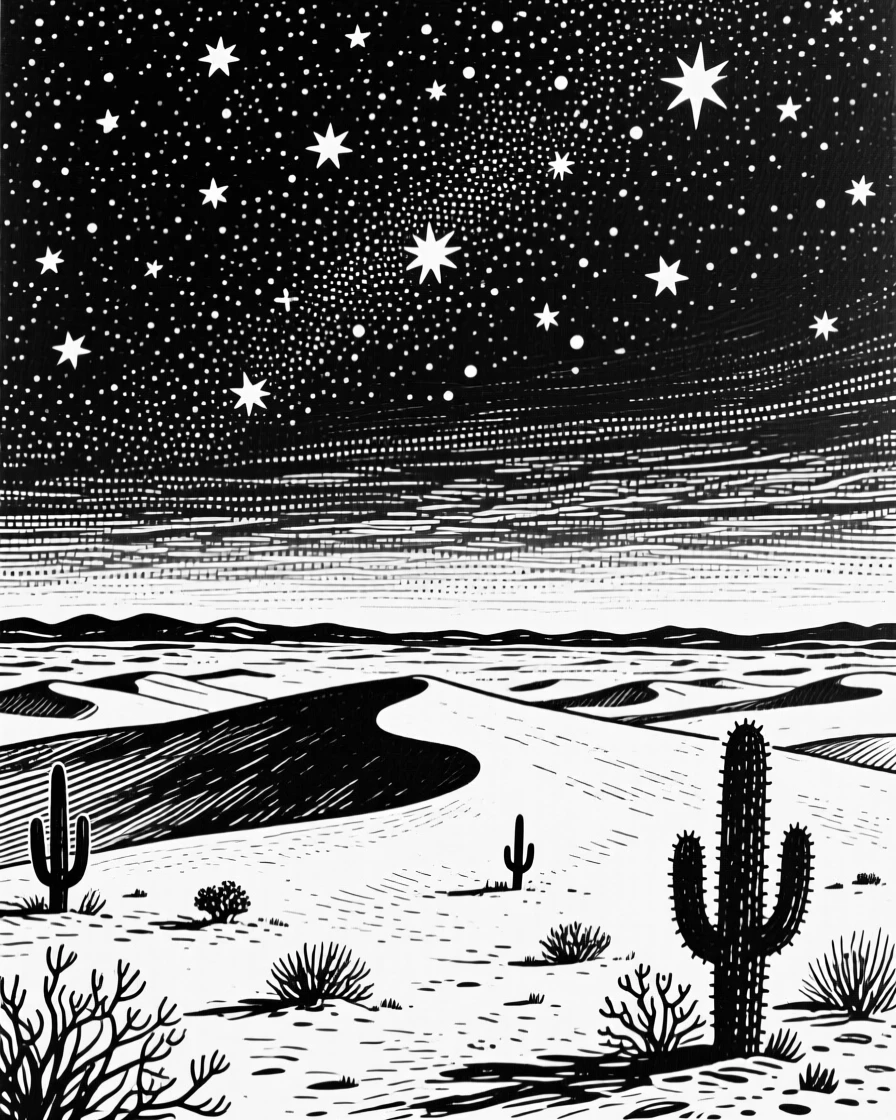 A vast night sky filled with stars above a silhouetted desert landscape.
