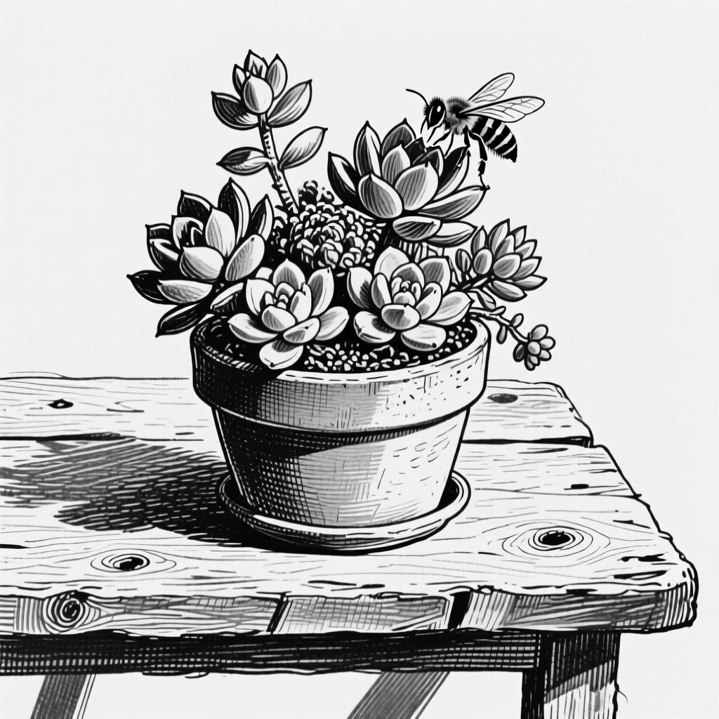 A potted succulent garden set against a rustic wooden table, with a bee resting on one bloom, composed in a quietly elegant still-life arrangement.