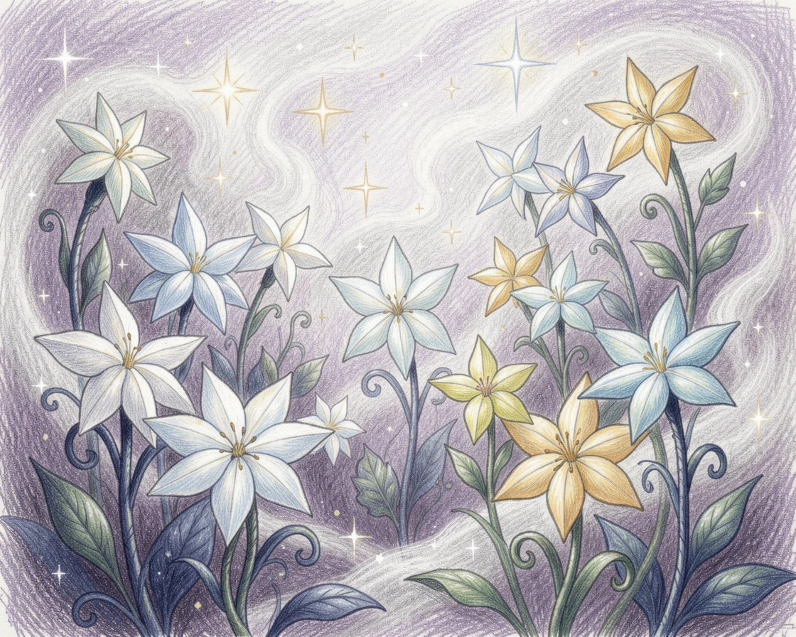 A celestial garden where stars bloom like flowers, surrounded by swirling mist and drifting sparkles of light, full of mystery, beauty, and imaginative charm.
