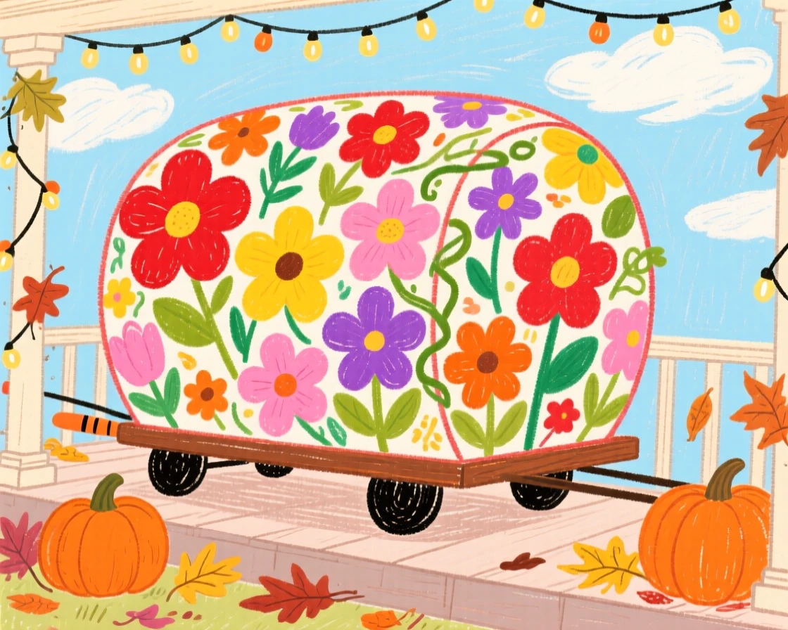 A parade float covered in flowers set on a porch decorated for the season.