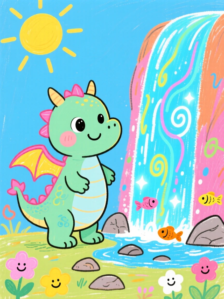 A gentle baby dragon with tiny wings beside a glowing magical waterfall.