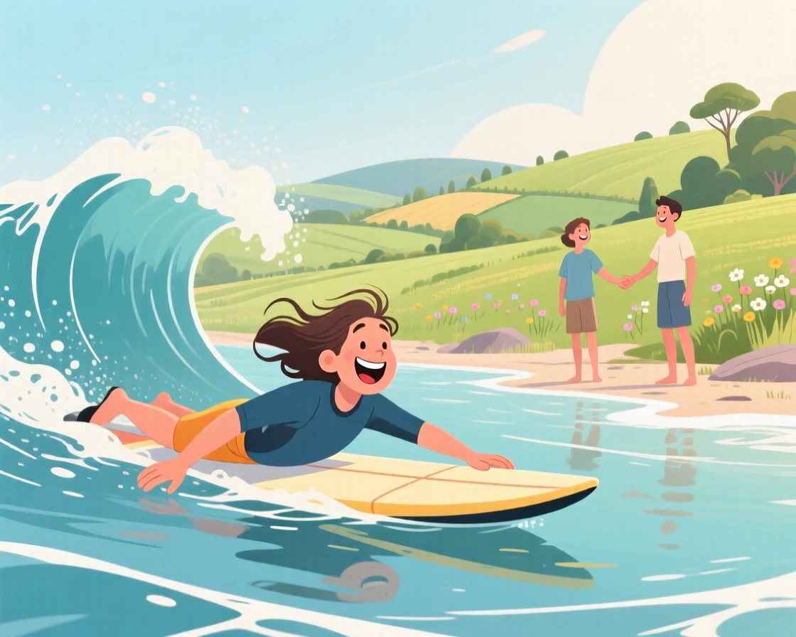 A surfer paddling out toward a rolling ocean wave, in a charming countryside setting, framed to highlight connection between the people in the scene, with small joyful details like flying hair or bright laughter.