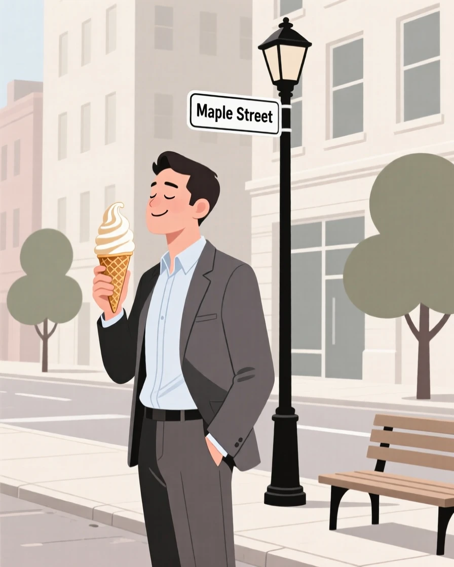 An office worker enjoying an ice cream cone on a quiet weekday morning in the city.