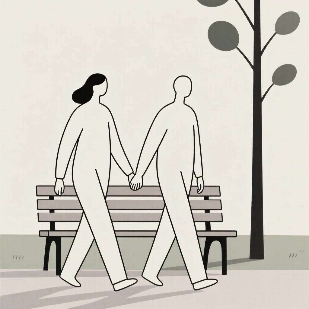 Two artist walking hand in hand together in a quiet park bench, sharing a moment of warm connection.