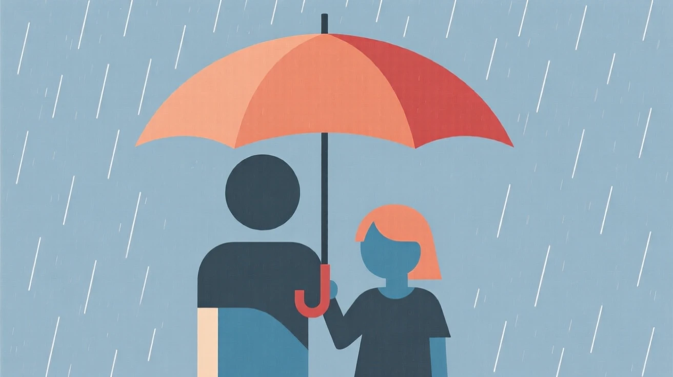 Siblings sharing an umbrella in the rain