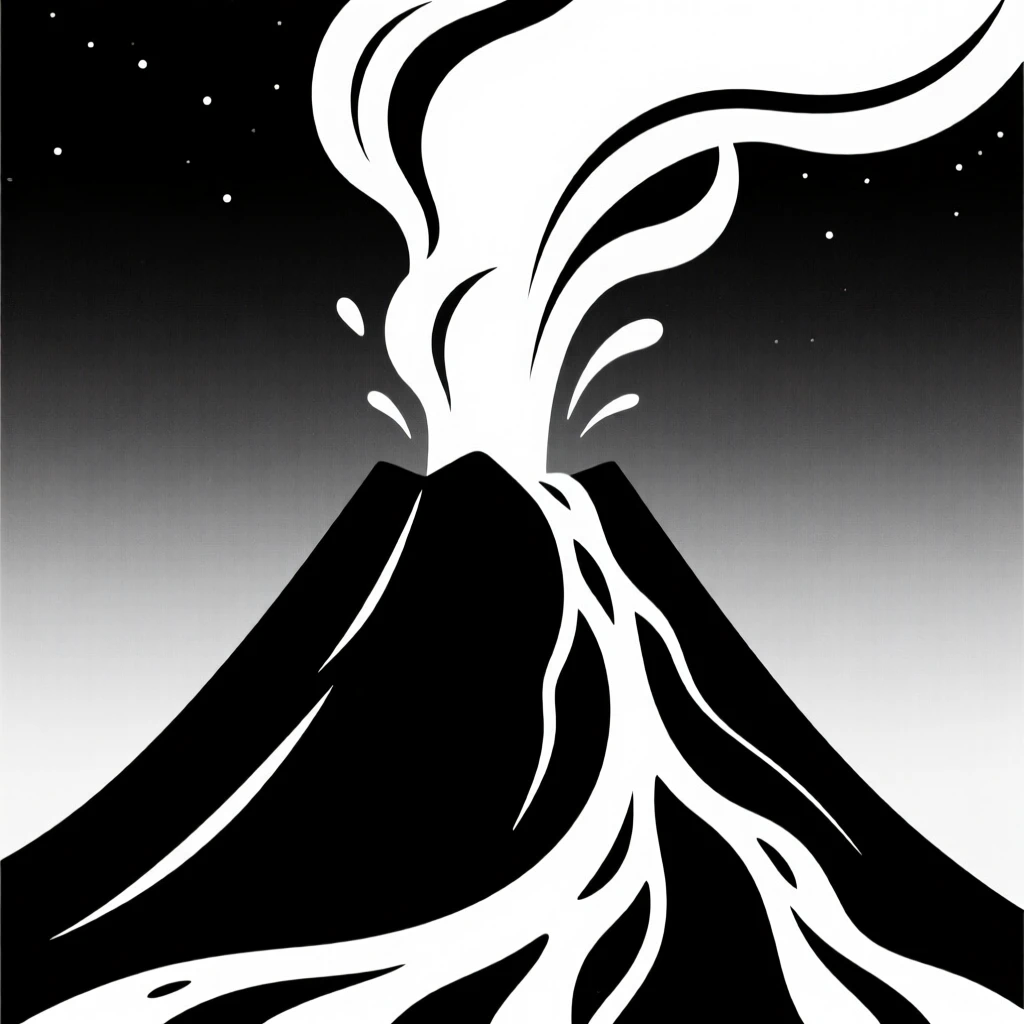 A volcanic eruption glowing at night.