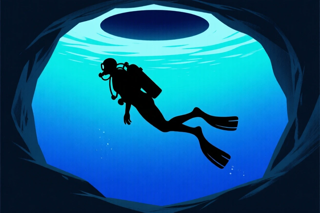 A diver descending into a deep blue underwater sinkhole.
