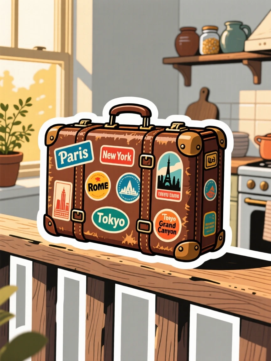 A cozy vintage suitcase covered in travel stickers, placed on a sunlit balcony railing, in a cozy cottage kitchen.