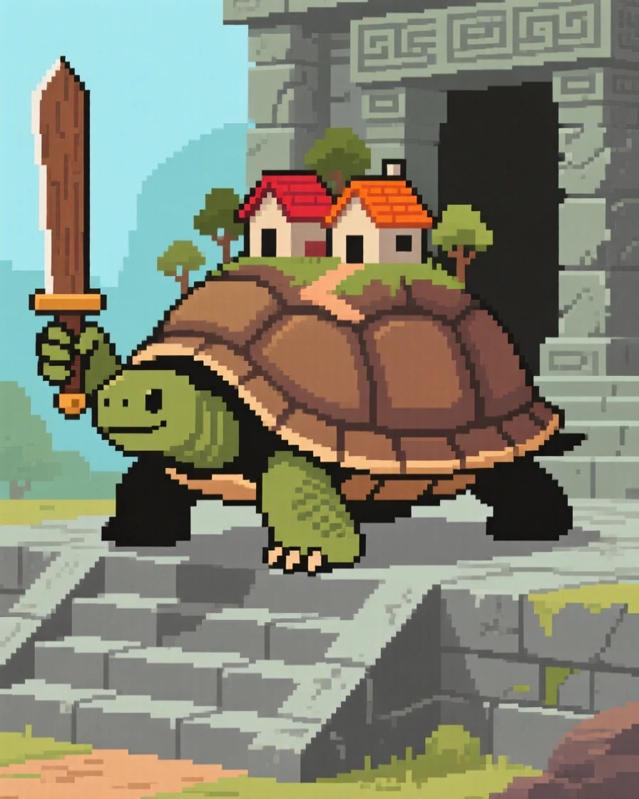 A giant turtle carrying a village on its shell training with a wooden practice sword, on the steps of an old stone temple.