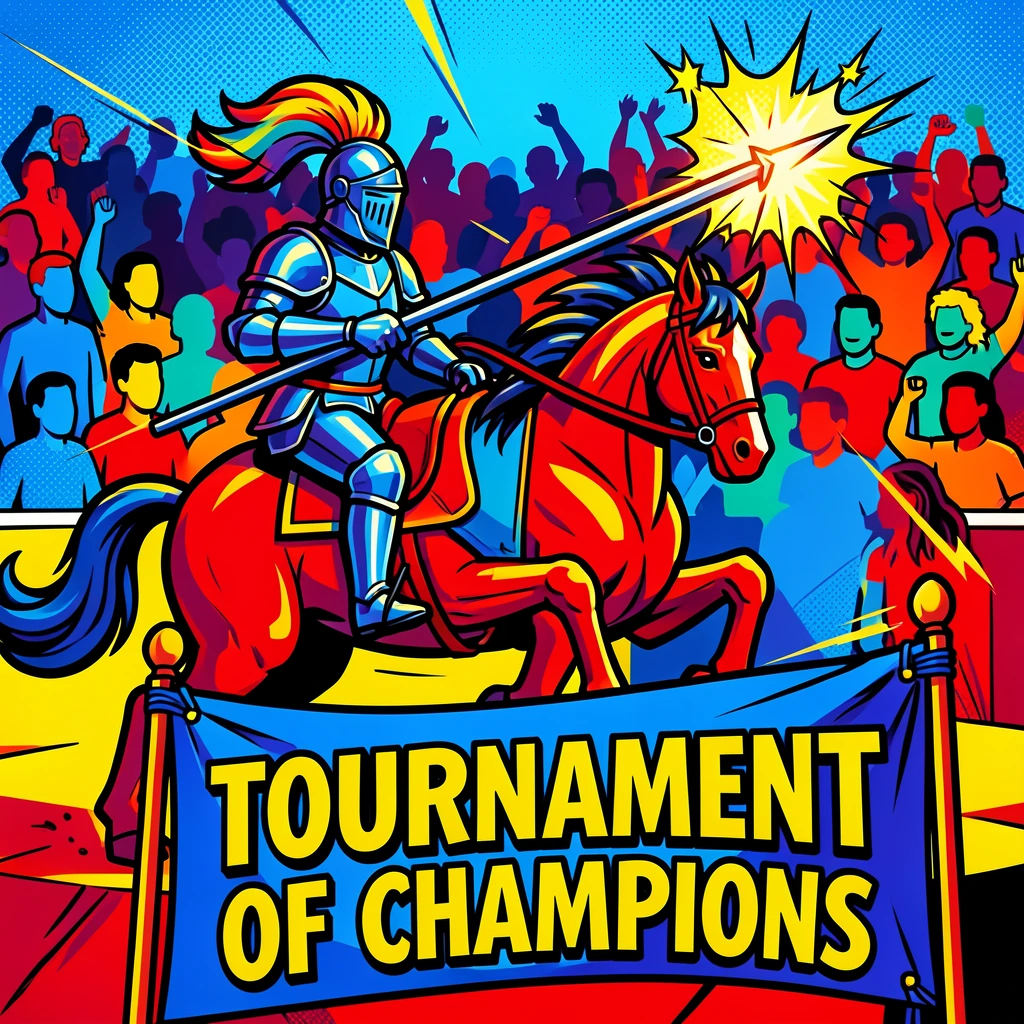 A medieval knight jousting in a crowded tournament arena