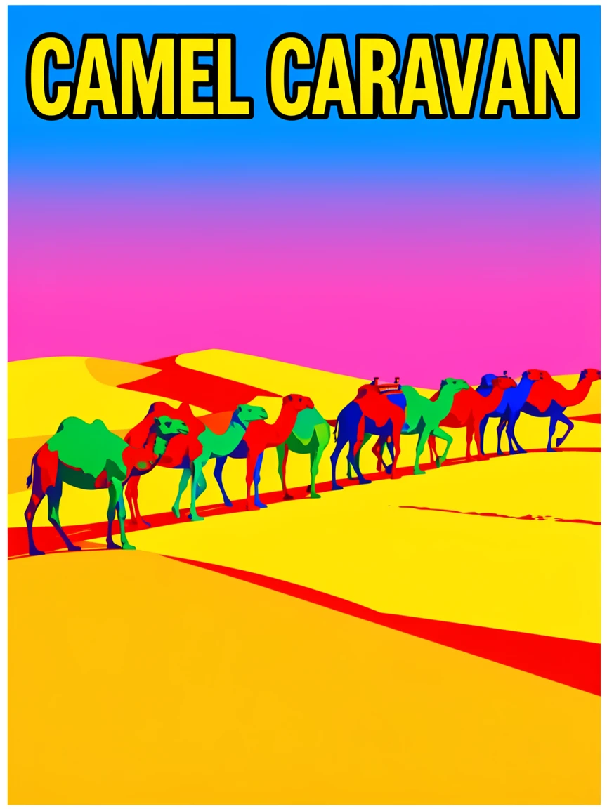 Camel caravan crossing golden sand dunes
