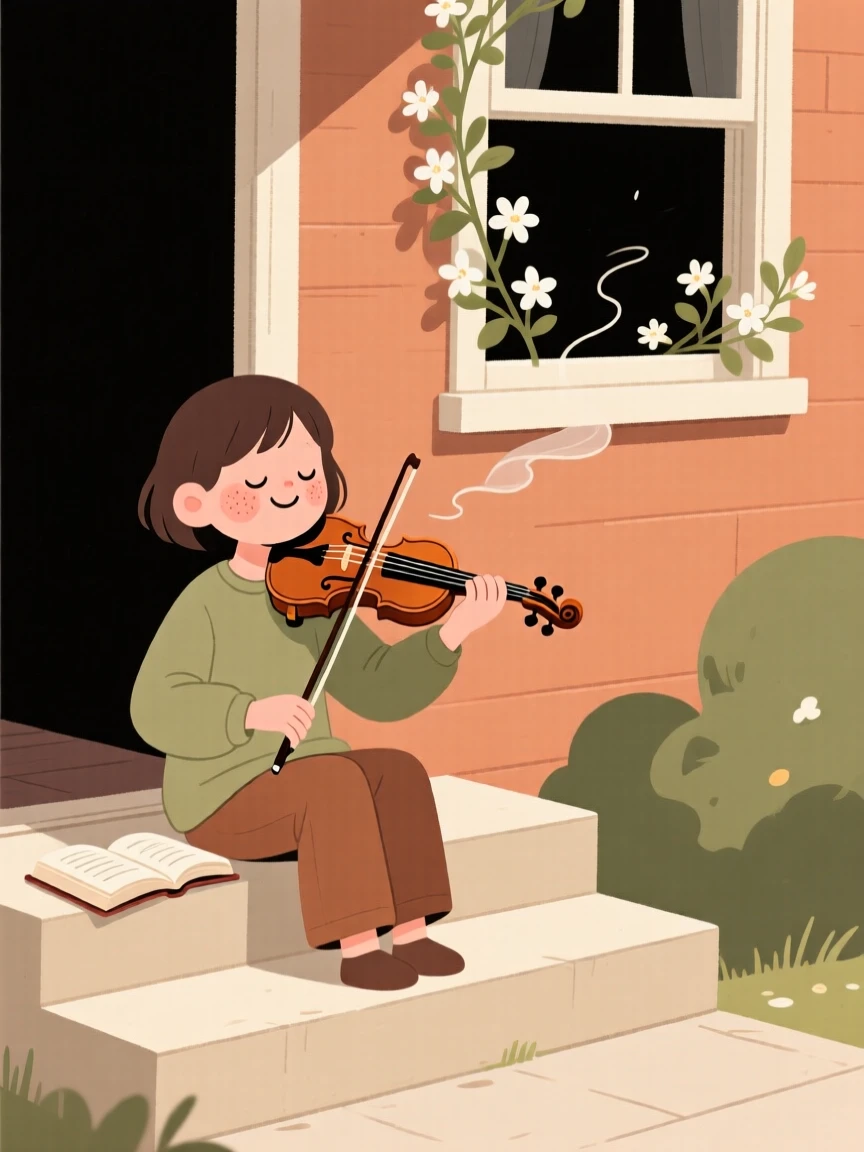 A young violinist sits on the porch steps practicing a favorite novel, fully absorbed as the scent of blooming jasmine drifts through the open window.