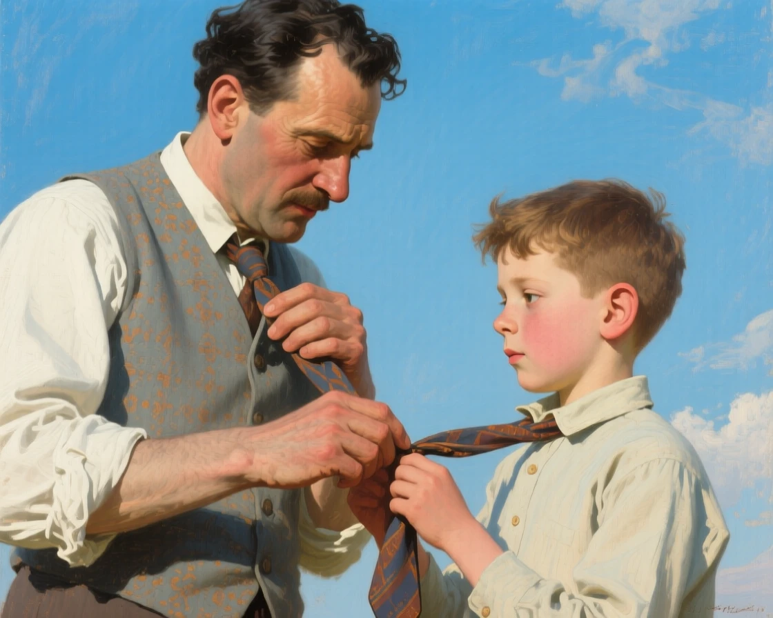 A close-up portrait of a father teaching his young son to tie his first necktie, in the interwar years, under a clear blue sky.