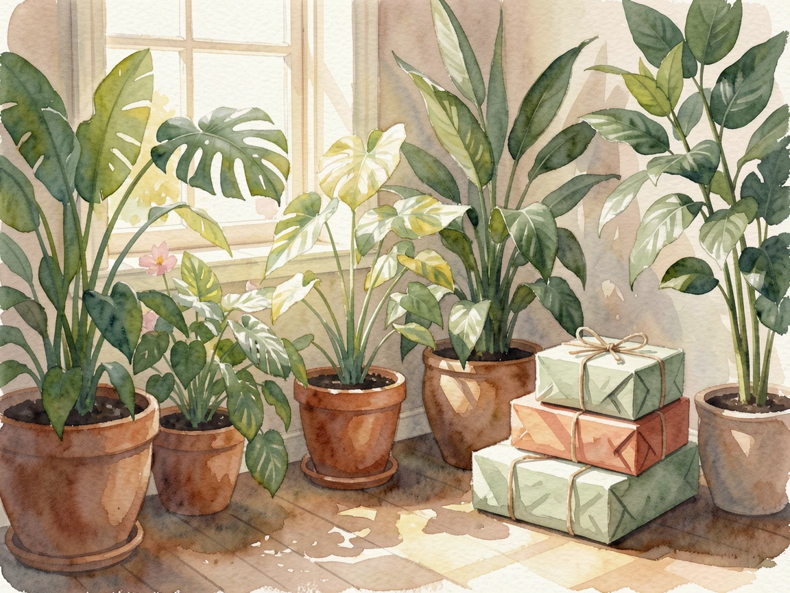 A study filled with houseplants and sunlight with a stack of wrapped gifts nearby.