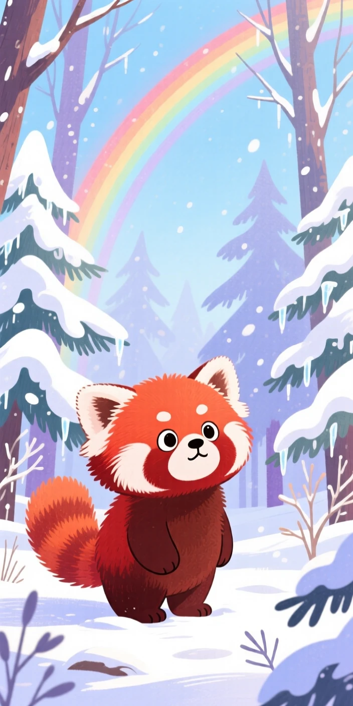 A shy red panda discovering something new in a frosty winter forest just after a rainbow appears.
