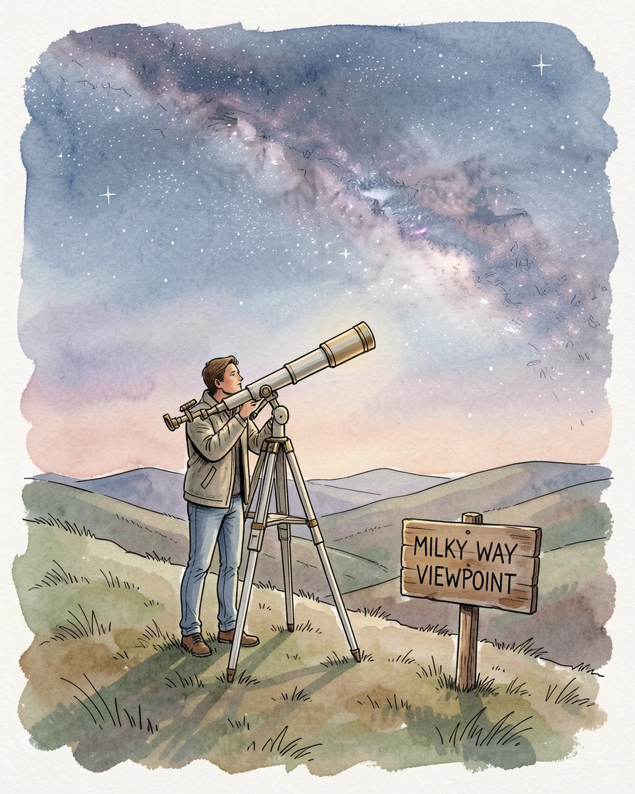 A stargazer setting up a telescope on a hilltop as the Milky Way emerges overhead