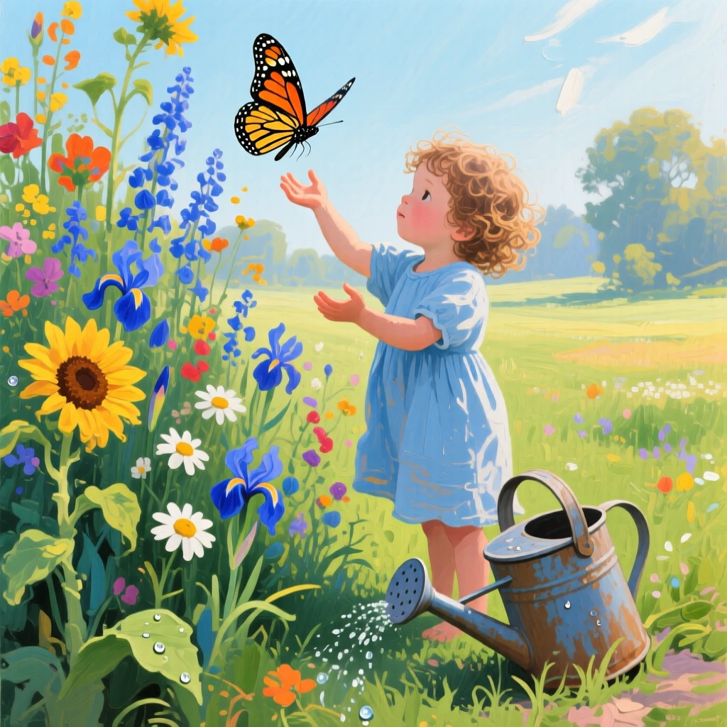 a child releasing a butterfly among tall flowers, just after watering, with a clear foreground, subject, and distant setting.
