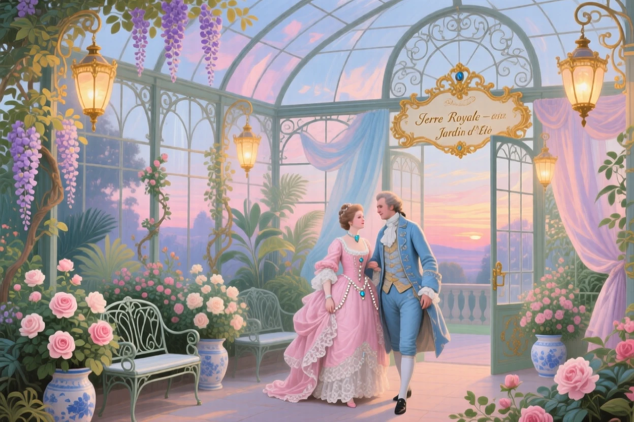 A palace greenhouse at twilight, glowing with lanterns among the foliage  