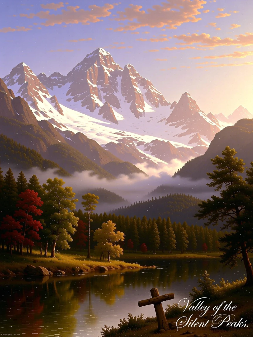 Snow-capped peaks rise above a valley shrouded in morning clouds.