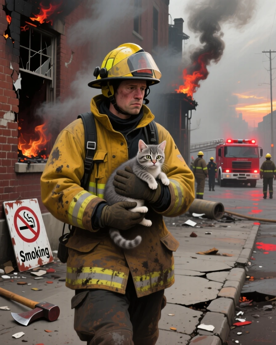 A firefighter carrying a rescued kitten from a smoky building, with the surrounding environment quietly reinforcing the emotion of the scene, designed to resonate emotionally with viewers of any background