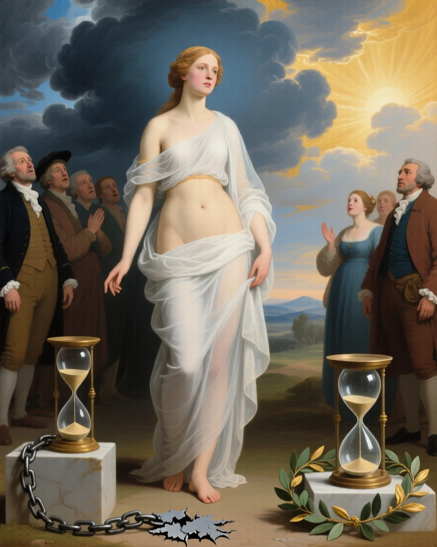 Truth unveiled before a gathering of startled onlookers as light and shadow embody opposing truths, set beneath a sky divided between storm and radiant light, with symbolic objects such as a broken chain, an hourglass, or a laurel wreath placed with quiet intention; the composition balances opposing symbolic elements on either side of the central figure, filled with quiet reverence for forces greater than ourselves.