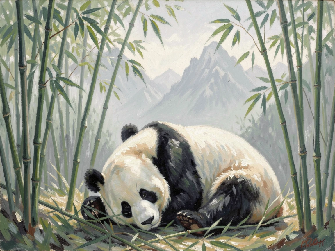 A giant panda resting among bamboo stalks in a misty mountain forest.