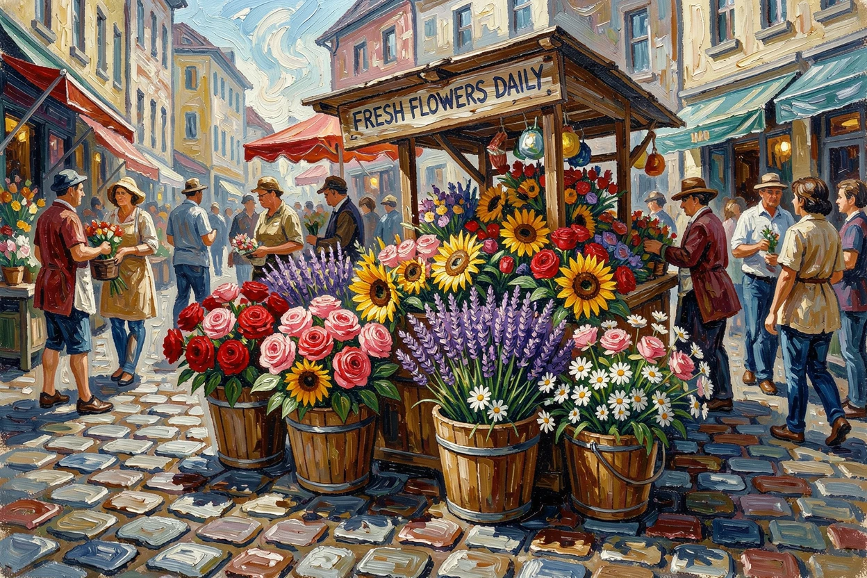 A busy flower market street with buckets of blooms spilling onto the cobblestones.