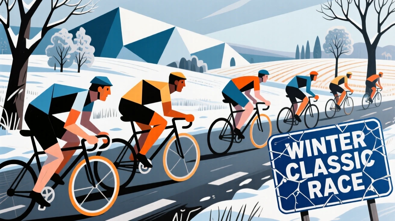 An energetic scene of a group of cyclists racing through a scenic countryside, captured on a crisp winter morning.