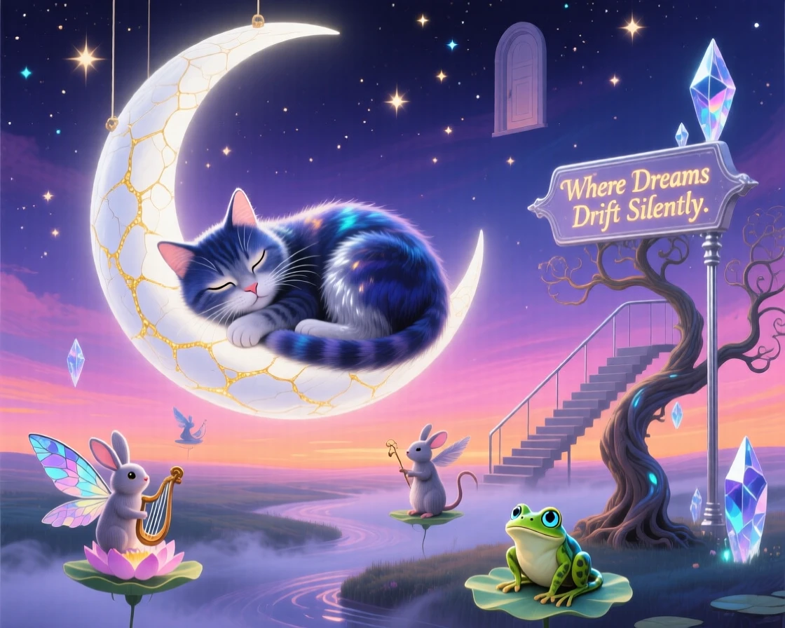 A cat curled asleep on a floating crescent moon drifts silently beneath a sky painted in soft twilight colors, as small creatures pause to watch it pass by in silence.