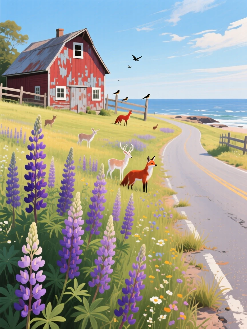 A vibrant field of wild lupines lines a coastal road in Maine, their tall purple spires swaying gently beside a weathered red barn, with scattered wildlife visible moving quietly through the middle distance of the composition.