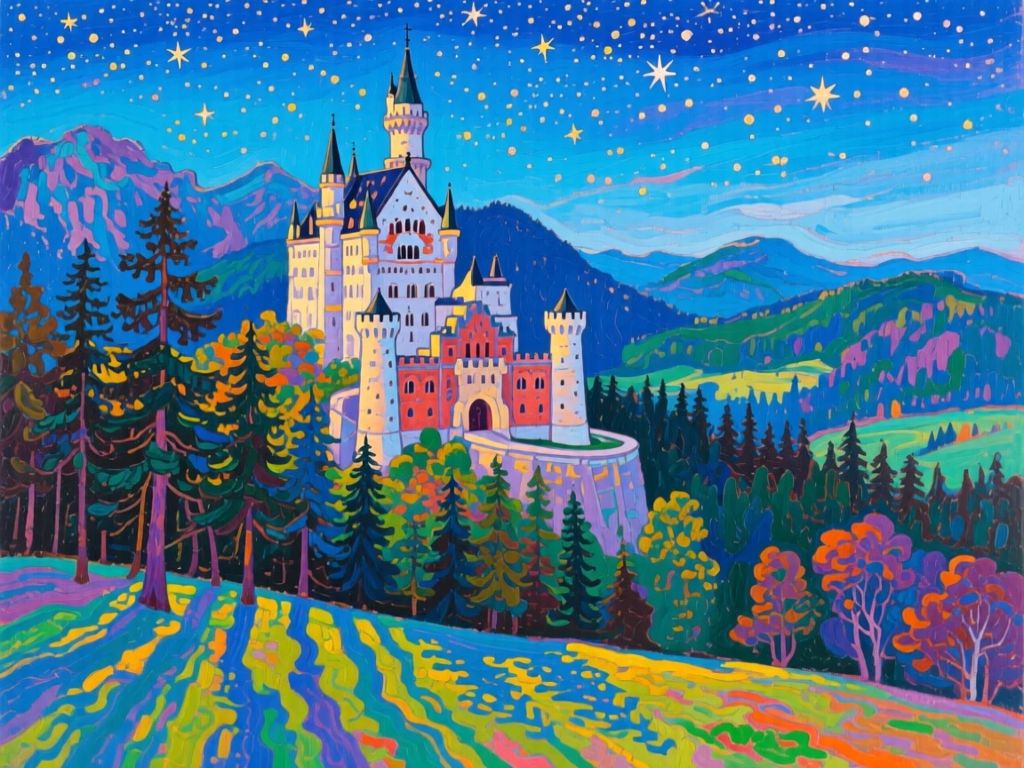 Neuschwanstein Castle perched above a pine forest valley, under a blanket of stars, long shadows stretching across the ground